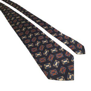 Burberrys Of London Men Silk Necktie Black Brown Geometric Pattern 4 Inches Wide